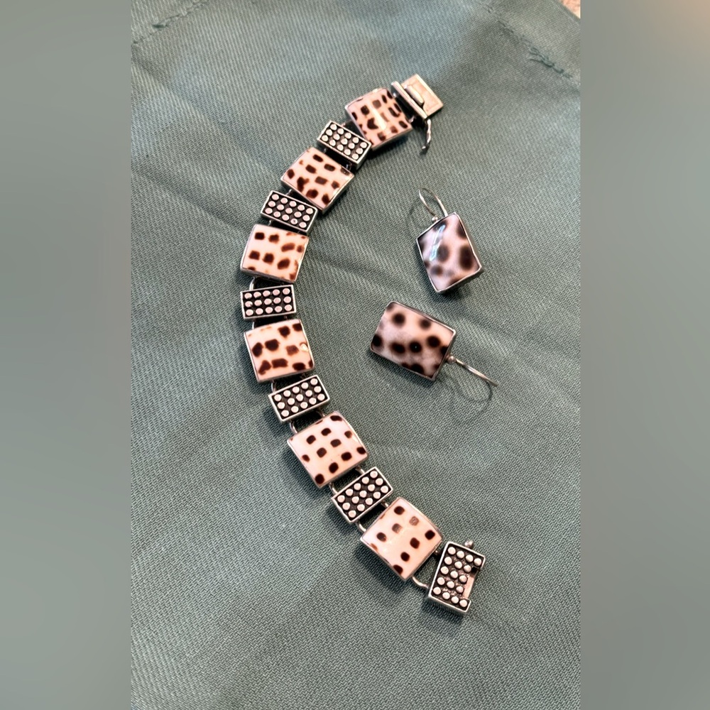 Sterling Silver with Dalmatian stone bracelet and earrings. Stamped 925.